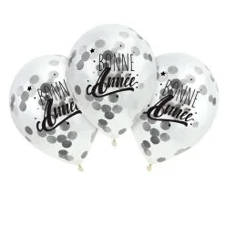 3 Ballons 30 Cm Transparents Bonne Année Confettis Papier De Soie ARGENT