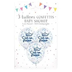 3 Ballons C'EST UN PRINCE 12'' 30 Cm Confettis Papier Bleu