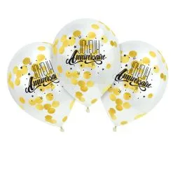 3 Ballons JOYEUX ANNIVERSAIRE Confettis Papier Or