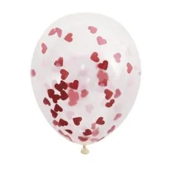 5 Ballons 40 Cm Confettis Coeurs Rouges -Perruque Soldes 5 ballons 16p transparent conf coeurs 2