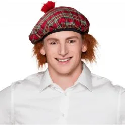 Béret Mr Tartan Rouge Avec Cheveux Roux -Perruque Soldes beret mr tartan rouge avec cheveux 1