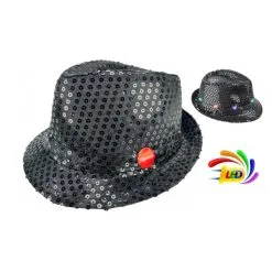 Chapeau SEQUIN NOIR Clignotant 6 LED 3 PILES LR44 FOURNIES