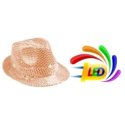 Chapeau SEQUIN ROSEGOLD 6 LED Clignotant 3 PILES LR44 FOURNIES -Perruque Soldes chapeau sequin rosegold 6 led 2