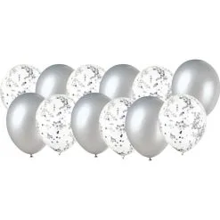 Pack De 12 Ballons 30cm 6 ARGENT + 6 Transparent Confettis Papier AR