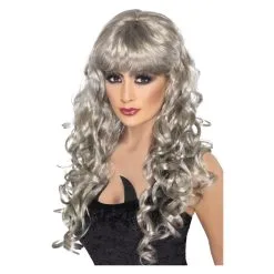 Perruque De Sirène, Argent, Cheveux Longs, Bouclés Avec Frange