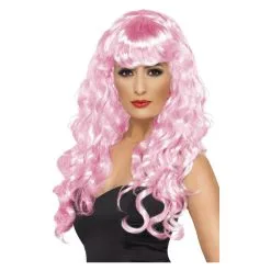 Perruque De Sirène, Rose, Cheveux Longs, Bouclés Avec Frange