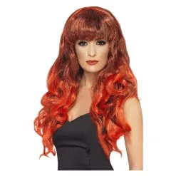 Perruque De Sirène, Rouge Et Noire, Cheveux Longs, Bouclés Avec Frange