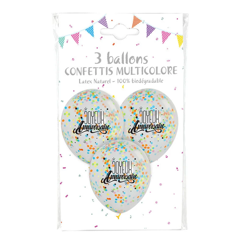 3 Ballons JOYEUX ANNIVERSAIRE Confettis Papier Multicolores 4 3 Ballons JOYEUX ANNIVERSAIRE Confettis Papier Multicolores – Image 2