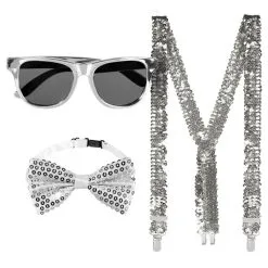 Set D'accessoires Argent Lunettes Party . Noeud Papillon Et Bretelles
